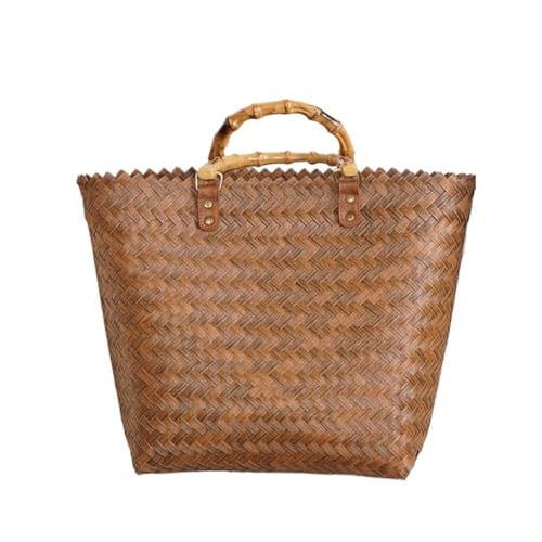 Bolso Paja Bolso Tejido Retro Seaside, Cesta De La Compra, Nicho Francés, Mango De Bambú, Paja Tejida Bolso Paja Mujer(L)