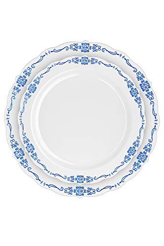 80 Pcs Plastic Party Plates Set - 40 Large 10.25 In Dinner Plates - 40 Small 7.5 In. Salad/Dessert Plates - Heavy Duty Disposable China - Fancy Caterers Victorian Design - Bpa Free (White/Navy) #TOP1