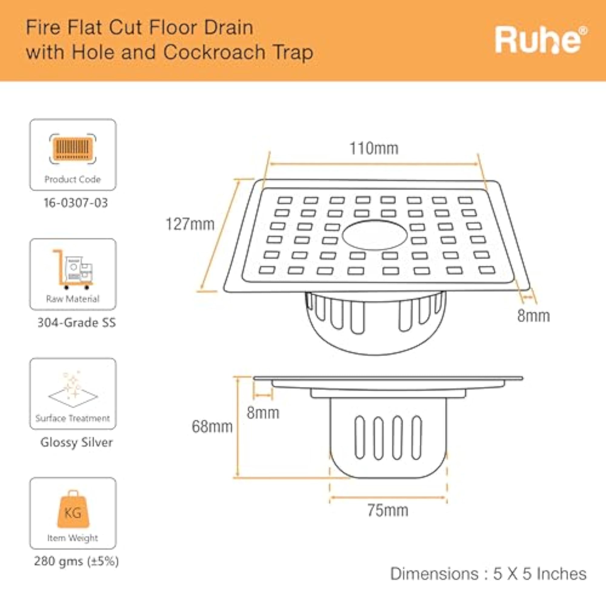 Fire Square Flat Cut Floor Drain, 304-Grade Stainless Steel