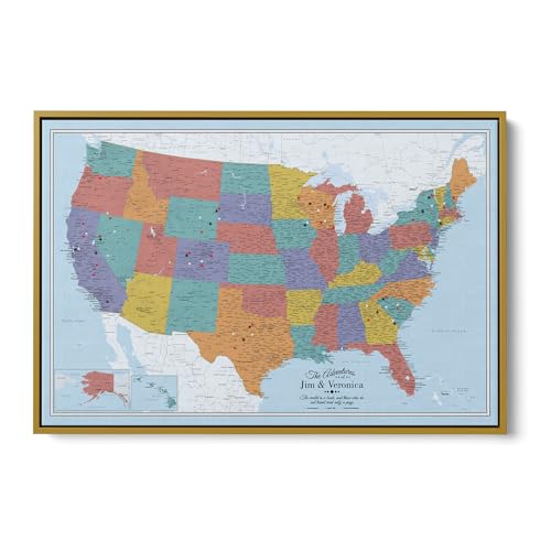 Blue Oceans USA Map with Pins – Personalized Canvas United States Travel Map – Framed Wall Decor – Gold Float Frame – 24" x 36"