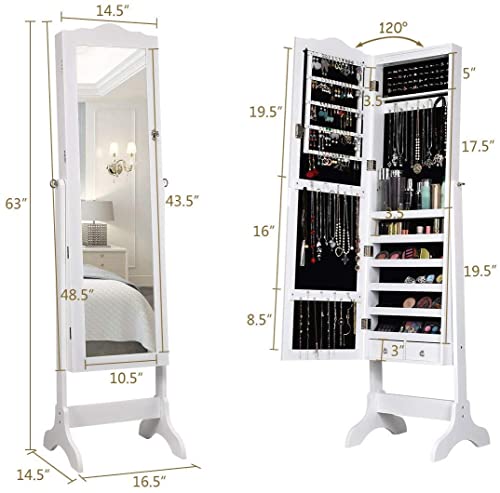 Giantex Jewelry Armoire Organizer with Full Length Mirror, 14 LEDs Floor Standing Jewelry Cabinet with 2 Drawers, 4 Adjustable Angles, Lockable Jewelry Storage Box Cabinet (White)