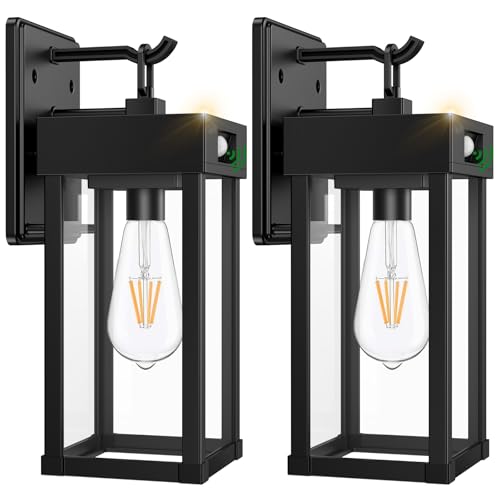 2 Pack Outdoor Solar Wall Light Fixtures With Dusk To Dawn Sensor,Large Size Black Outdoor Wall Lights with 3Lighting Modes,Exterior Waterproof Solar Wall Sconce Light for Outside,Garage(Black-2P)