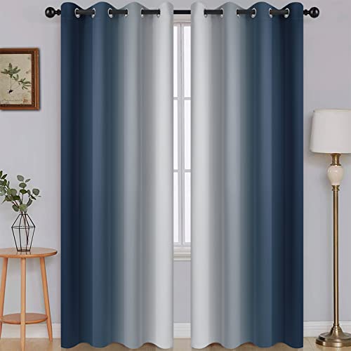 Image of SimpleHome Ombre Navy Blue to Grey White Curtains for Living Room 52Wx84L | Room Darkening Curtains for Bedroom,Gradient Light Blocking Curtain,Thermal Insulated Grommet Window Drapes,2 Panels,84 Inch