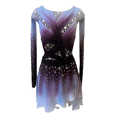 Girl's Long Sleeve Rhinestone Figure Skating Dress, Women's High Elasticity Ice Skating Dresses for Competition(Small) Purple
