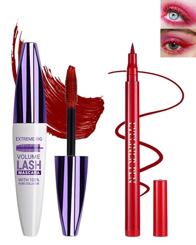 Lestpola Burgundy Waterproof Mascara & Eyeliner, 5D Silk Fiber Lash Extension Colored Tube Mascara Volume and Length,Long-Lasting Smudge-Proof Volumizing Colorful Máscara & Liquid Eyeliner Pen Set for Women