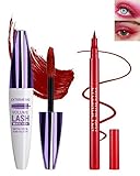 Red Waterproof Mascara & Eyeliner, 5D Silk Fiber Lash Extension Colored Tube Mascara Volume and Length,Long-Lasting Smudge-Proof Volumizing Colorful Máscara and Liquid Eyeliner Pen Set for Women