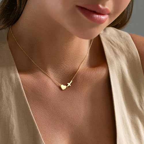 Inerney Cross Heart Necklace for Women, Dainty Pendant Necklaces 14K Gold Sterling Silver Plated Choker Chain, Cute Waterproof Non Tarnish Christian Religious Faith Jewelry Baptism Easter Gift3
