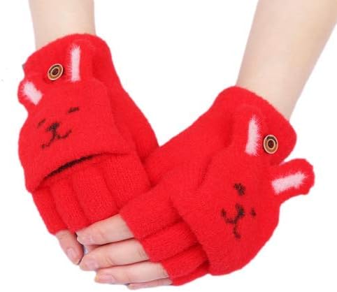 AL ZAHRAWomen Girls Flip Top Gloves Cartoon Fingerless Winter Mitten Warmer Knitted Rabbit Pattern Texting Elastic Gloves Soft Hand Wear with Covers for Running Outdoor Sport Mittens