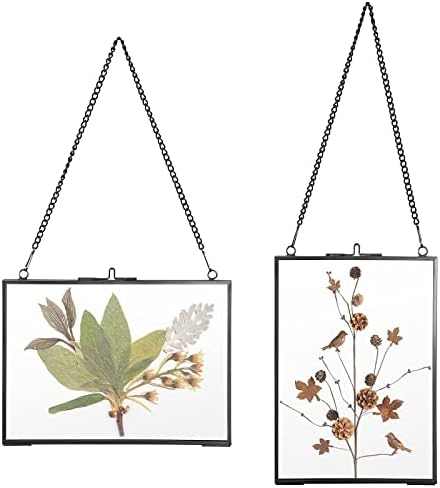 SUMTree Set of 2 Black Glass Hanging Photo Picture Display Frame, Floating Glass Picture Frame with Chain for Family Tree Mini Photo, Gallery Wall Art Work, Pressed Flower, collage, etc, 5*7 inch
