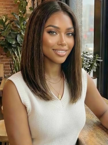 Image of KLAIYI Bye Bye Slip Yaki Straight Bob Wig Glueless Ombre Highlight Balayage Brown Precut 7x5 Lace Front Wigs Human Hair Drawstring Pre Plucked Bleached Knots Ready to Wear and Go Beginners Wig 14Inch