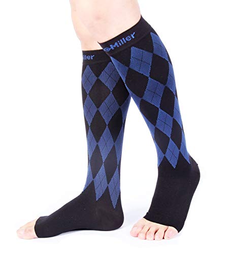 Doc Miller Open Toe Compression Socks Women 20-30Mmhg, Toeless Socks For Women And Men, Recovery From Shin Splints Edema And Varicose Veins, 1 Pair Large, Black Blue Argyle Design #TOP4