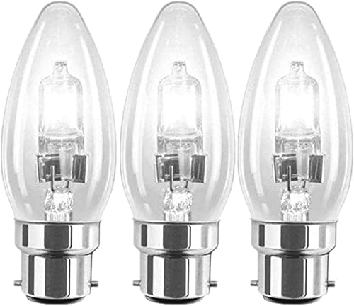 3 Pack 28W BC B22 Clear Candle Light Bulbs, Bayonet Cap, Classic Incandescent Dimmable Lamps, 28W = 37W, 370 Lumen, Mains 240V, Energy Saving Halogen Bulbs