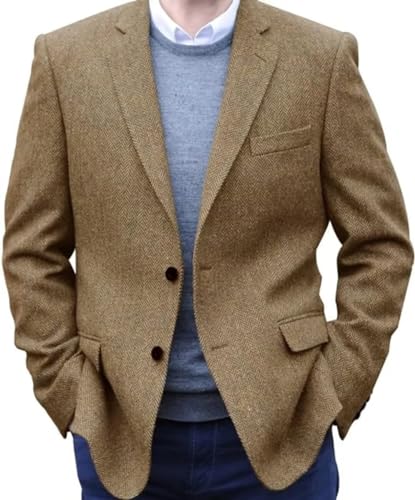 SOCOOL Men's Herringbone Tweed Blazer Jacket Wedding Groomsmen Prom Jackets 2 Buttons