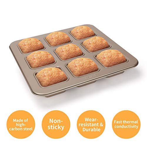 Brownie Pan, 9-Cavity Non-Stick Brownie Pans Square Muffin Pan, Heavy-Weight Carbon Steel Bakeware For Oven Baking, 11"X 11" X 1.6", Champagne Gold #TOP1
