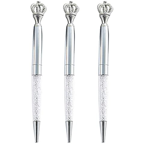 Lobagve Danse Jupe 3 Pcs Crown Top Ballpoint Pens,Bling Metal Ballpoint Pen with Black Ink,1.0 mm,Office Gift Supplies for Christmas Bridesmaid Wedding Birthday,silver Cover