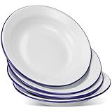 DOITOOL Pack of 4 Enamel Plates, 6.3 Inch Unbreakable Enamelware Dinner Serving Platter Trays, Retro Salad Pasta Bowls Round Shallow Bowls with Blue Rim for Dinner, Outdoor, Camping, Picnic, BBQ