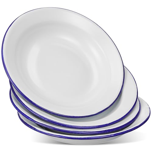 DOITOOL Pack of 4 Enamel Plates, 6.3 Inch Unbreakable Enamelware Dinner Serving Platter Trays, Retro Salad Pasta Bowls Round Shallow Bowls with Blue Rim for Dinner, Outdoor, Camping, Picnic, BBQ DOITOOL Pack of 4 Enamel Plates, 6.3 Inch Unbreakable Enamelware Dinner Serving Platter Trays, Retro Salad Pasta Bowls Round Shallow Bowls with Blue Rim for Dinner, Outdoor, Camping, Picnic, BBQ