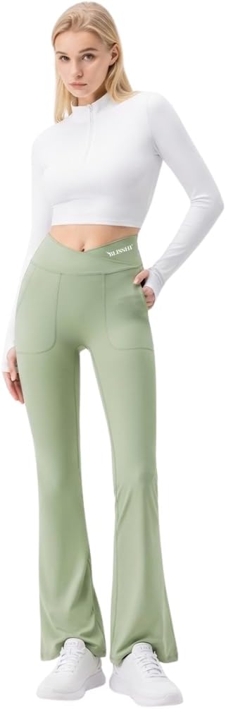 Women's High Waist Bootcut Yoga Pants with Pockets, Crossover Flare Full-Length,Split Hem Leggings, Quick-Dry Stretch