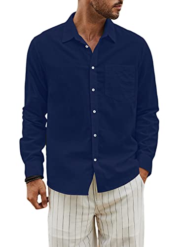JMIERR Camisas de Lino Casual para Hombre de Manga Larga de Colores Puros básica de Ajuste Regular con Botones de Verano, Azul M