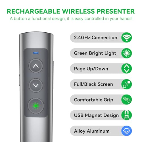 UBUYUONE Presenter [USB C+Wiederaufladbar+Metallgehäuse], kabelloser Präsentationsfernbedienung, Presenter für Präsentationen, Powerpoint Fernbedienung Präsenter für Windows Computer Laptop Mac
