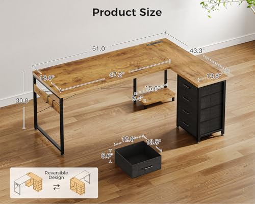 Image of AODK L Shaped Gaming Desk with 4 Drawers, 61 inch Reversible Home Office Desks with Power Outlets, L Shaped Computer Desk with USB Charging Port and Host Stand, Corner Desk, Easy to Assemble, Vintage