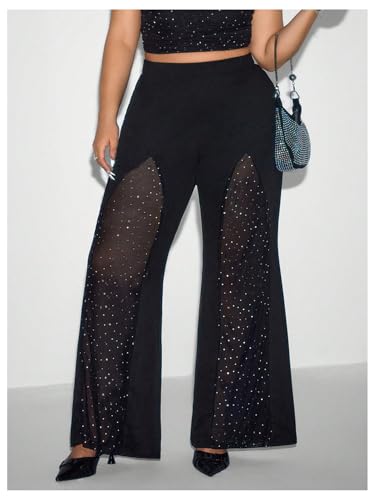 Floerns Women's Plus Size Rhinestone Bell Bottom Pants Glitter Contrast Mesh Trousers4