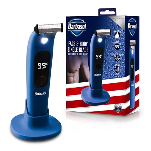 Barbasol Face and Body Shaver, Hybrid Face and Body Single Blade Shaver, Rechargeable with a 2 Hour Run Time, Wet or Dry Shave, LED Screen, Built in Light, Stainless Steel
