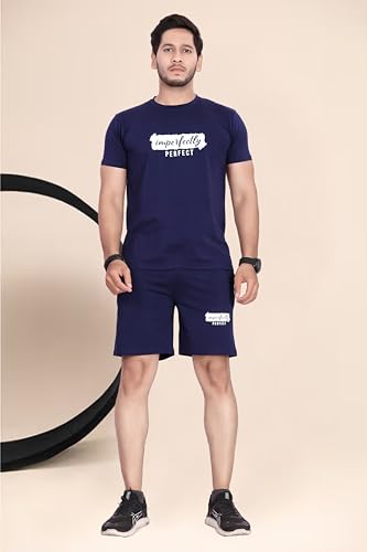 Image of HOODMASTER Men's Cotton Night Suit Set of Top & Knee Length Shorts with Round Neck Half Sleeves Solid Pattern Regular Fit and Standard Length | Mens Cotton Night Suit | T-Shirt and Shorts Sets
