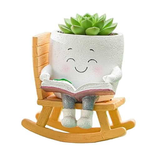 Yhupl Adorable Smiley Face Reading Flower Pot, Unique Rocking Chair-Style Resin Plant Pot with Drainage Holes, Suitable for Indoor/Outdoor Planting and Home Decor (B)