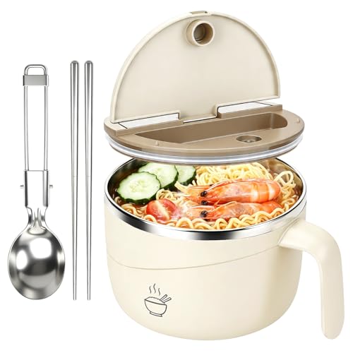 Image of Cumdel Instant Noodle Bowl with Lid, 1200ml Stainless Steel Pasta Bowl with Fork Chopsticks, Ramen Bowl with Handles & Drip Hole, Dishwasher Safe Portable for Home Dorm Office (Beige)