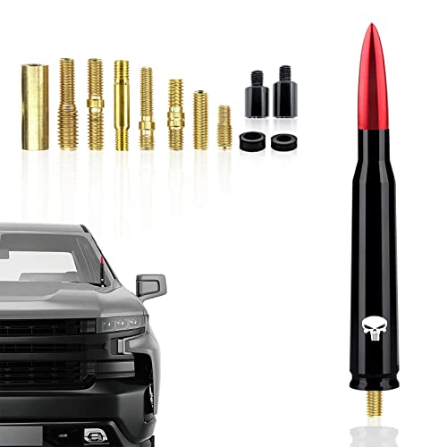 Ajxn 1 PC Car Bullet Antenna Skull, 5.4In Suitable for Ford F150 Wrangler Jeep Chevy Silverado 1500 2500 3500 HD Avalanche GMC Sierra 1500 2500 3500 Denali Heavy Duty Pickup Trucks Accessories (Red)
