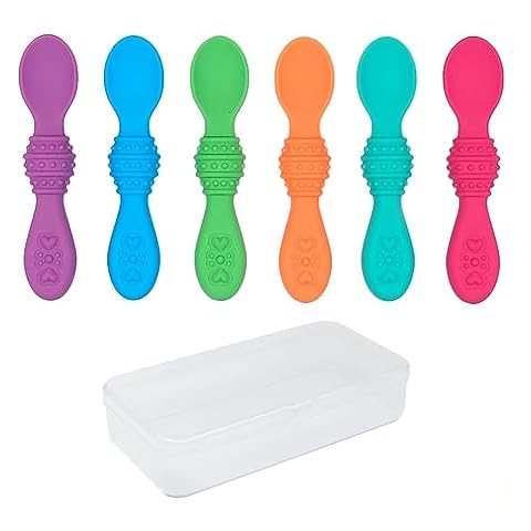 Elk and Friends Silicone Baby Spoons | Travel Case Included | First Stage Infant Toddler Spoon | Baby Led Weaning Stage | Dishwasher Safe Cover