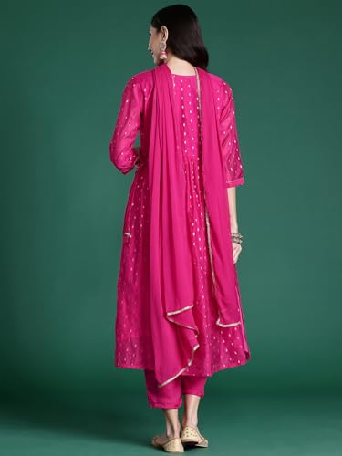 Image of INDO ERA Women's Chanderi Silk Embroidered A-Line Kurta Pant With Dupatta Set