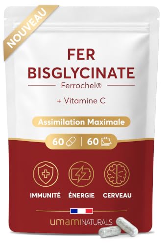 Fer Bisglycinate Ferrochel® 70 mg + Vitamine C | Assimilation Maximale | Énergie, Immunité, Cerveau | Tolérance Digestive | 100% des AR | 14 mg d'Élément Fer | Sachet 100% Recyclable | 60 Gélules