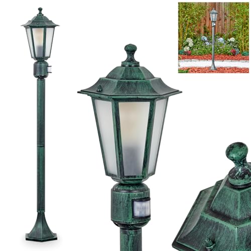 Lampada da esterni Loria, lampada da sentiero con sensore di movimento in metallo/vetro smerigliato in nero/verde/bianco, dischi intercambiabili trasparenti, lampada da esterno in look antico, altezza