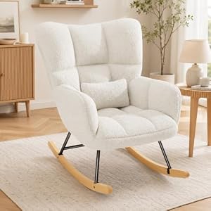 Fanerody Schaukelstuhl, Loungesessel, Stillstuhl, Wohnzimmersessel, Schaukelsessel aus Teddy-Stoff mit Metallgestell & Holzschaukel und Lendenkissen，Weiß