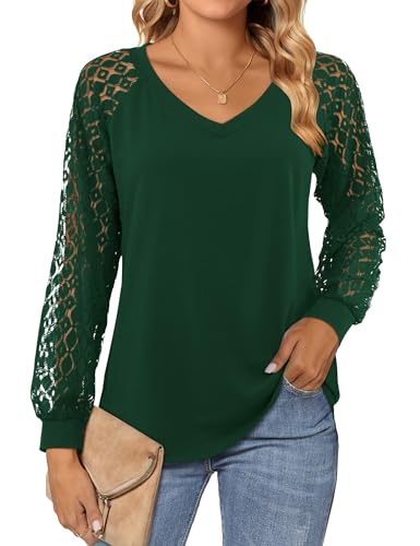 Beluring Tunic Tops for Women Loose V Neck Blouse Lace Long Sleeve Tshirt Dark Green Size 16 18