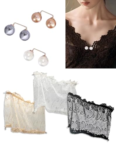MYDUOLIA 3-Piece Lace Modesty Panel Set with Brooch Pins - Adjustable Cleavage Cover for Dresses, Floral Bra Inserts Beige/Black/White (3 Panels + 3 Pins)