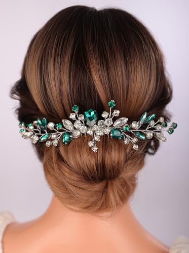 Teyglen Bride Crystal Wedding Hair Comb, Silver-Green, Alloy+Rhinestone+Crystal, Hair Accessories with Teardrop Crystals and Rhinestone Headpiece for Women Bride Girls, 15*8cm/5.9*3.14in