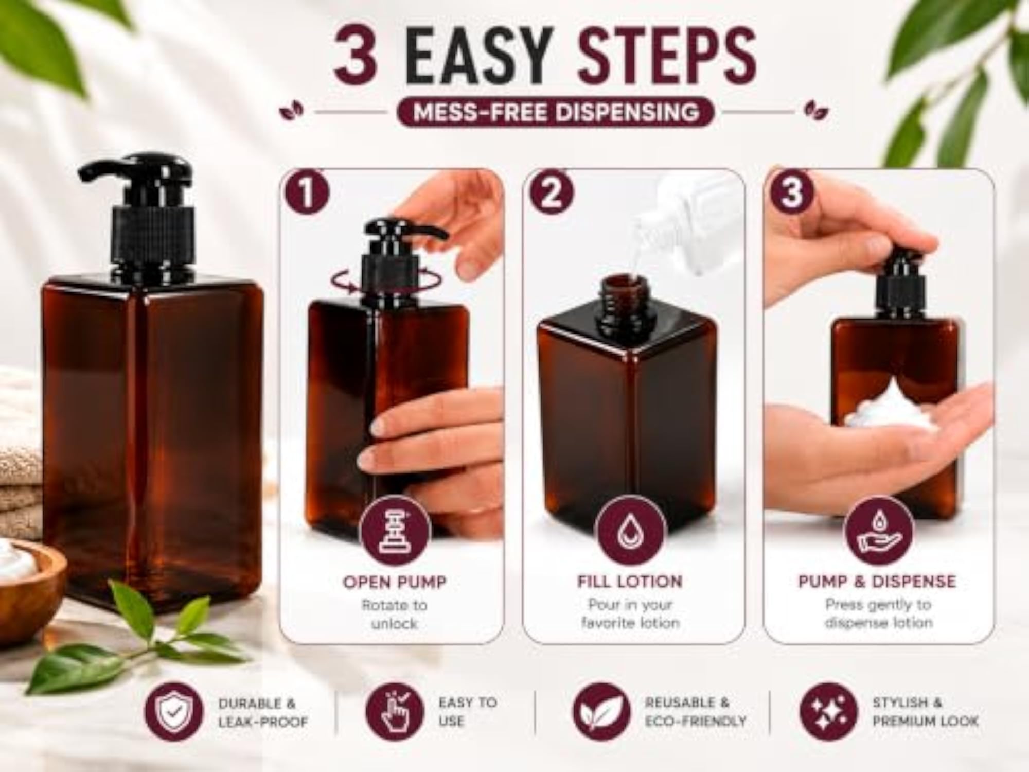 Set of 2 Amber Refillable Pump Dispenser Bottles, 300ML