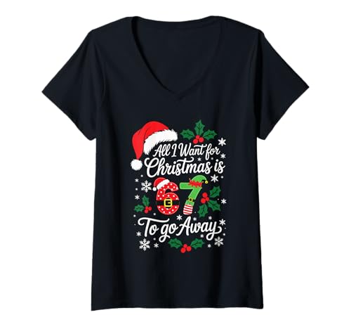 Womens All I Want for Christmas is 67 to Go Away Teacher Parent V-Neck T-Shirt