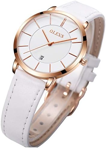 OLEVS Women's Watches White Leather Band for Ladies Female Minimalist Wrist Watch Waterproof Ultra Thin Slim Fashion Casual Simple Dress Quartz Analog Wristwatch Classic Gifts with Date
