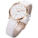 OLEVS Women's Watches White Leather Band for Ladies Female Minimalist Wrist Watch Waterproof Ultra T