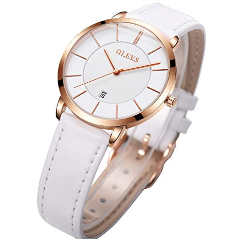 Olevs Women's Watches White Leather Band For Ladies Female Minimalist Wrist Watch Waterproof Ultra Thin Slim Fashion Casual Simple Dress Quartz Analog Wristwatch Classic Gifts With Date #TOP5