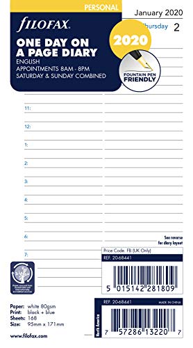 Filofax 2020 Refill, Personal/Compact, Day per Page, English, 6.75 x 3.75 inches (C68441-20)