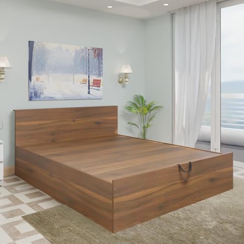 Image of VIKI Hydraulic King Size Bed with Storage (70x80) | Engineered Wood Hydraulic Lift Wooden Bed Frame for Bedroom | Modern Storage Cot | Brussel Walnut Finish | Free Assembly | 1 Year Warranty