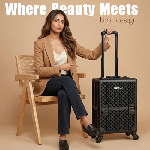 Image of SHAMAX Professional Rolling Makeup Case, Cosmetic Organizer Trolley, Manicure Storage Vanity Locks, Makeup Trolley for Hairdressers, Salons, Beauty Lovers, 360 Universal Wheels (5088 Black)