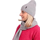 molti Zestaw damskiej czapki i szalika – 100% wełna merino, czapka beanie z szalikiem dzianinowym 203 cm, ciepła i oddychająca na jesień i zimę | Rozmiary: 55–62 cm, wybór kolorów, szary, 58-62