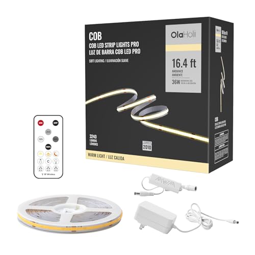 Olaholii 16.4ft COB LED Strip Light with Remote, 3000K Dimmable Bright Warm White Led COB Strip Light, White Continuous Led Strip Light for Mirror, Stair, Cabinet, Room