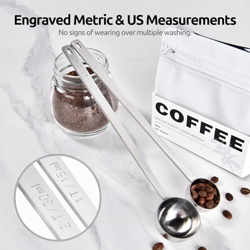 Image of U-Taste Coffee Scoop 1&2 Tablespoon: 18 /8 Stainless Steel Measuring Scooper for Ground Coffee, Bean, Powder, Espresso, 8.5in Long Handle Metal Meaure Spoon for Canister, Jar (1&2Tbsp /15&30ml, Silver)